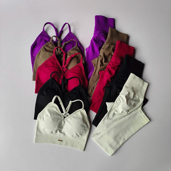 Seamless Hip Lifting Fitness Set Women'S V-Neck Bra Leggings Yoga Set Quick Drying Exercise Iron Massage High Fat Tight Pants