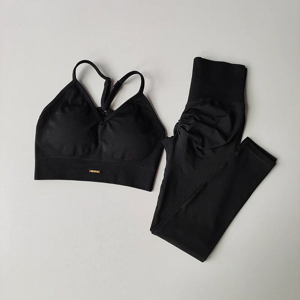 Seamless Hip Lifting Fitness Set Women'S V-Neck Bra Leggings Yoga Set Quick Drying Exercise Iron Massage High Fat Tight Pants